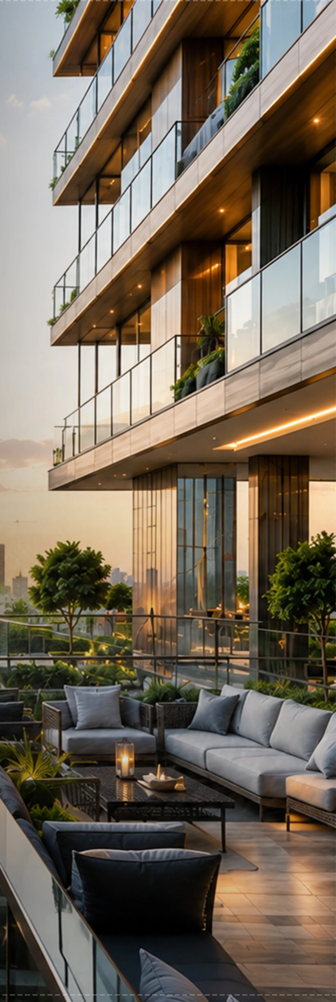 Modern high-rise building with balconies and a terrace lounge area